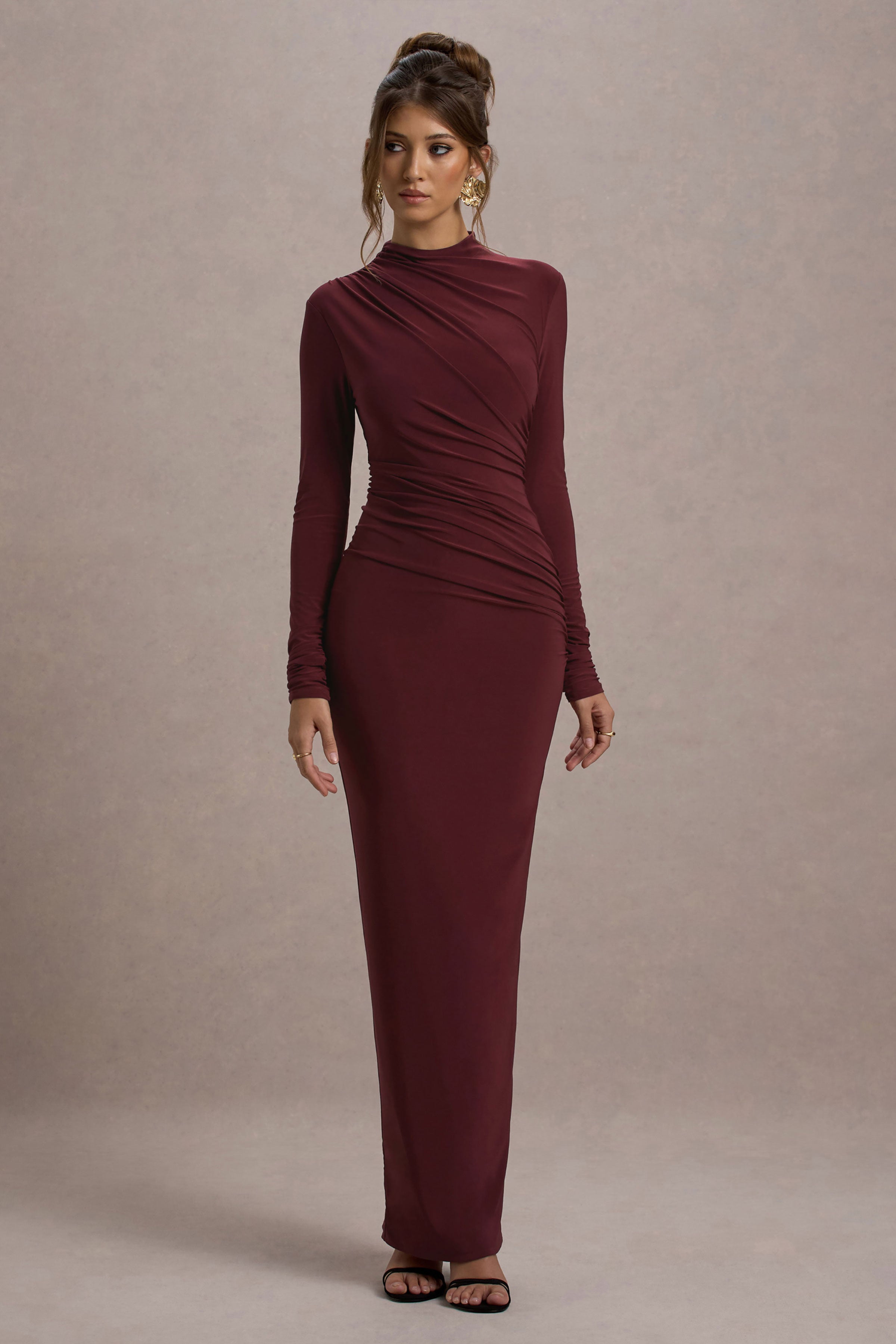 Hespera | Port High-Neck Long-Sleeve Gathered Maxi Dress – Club L London