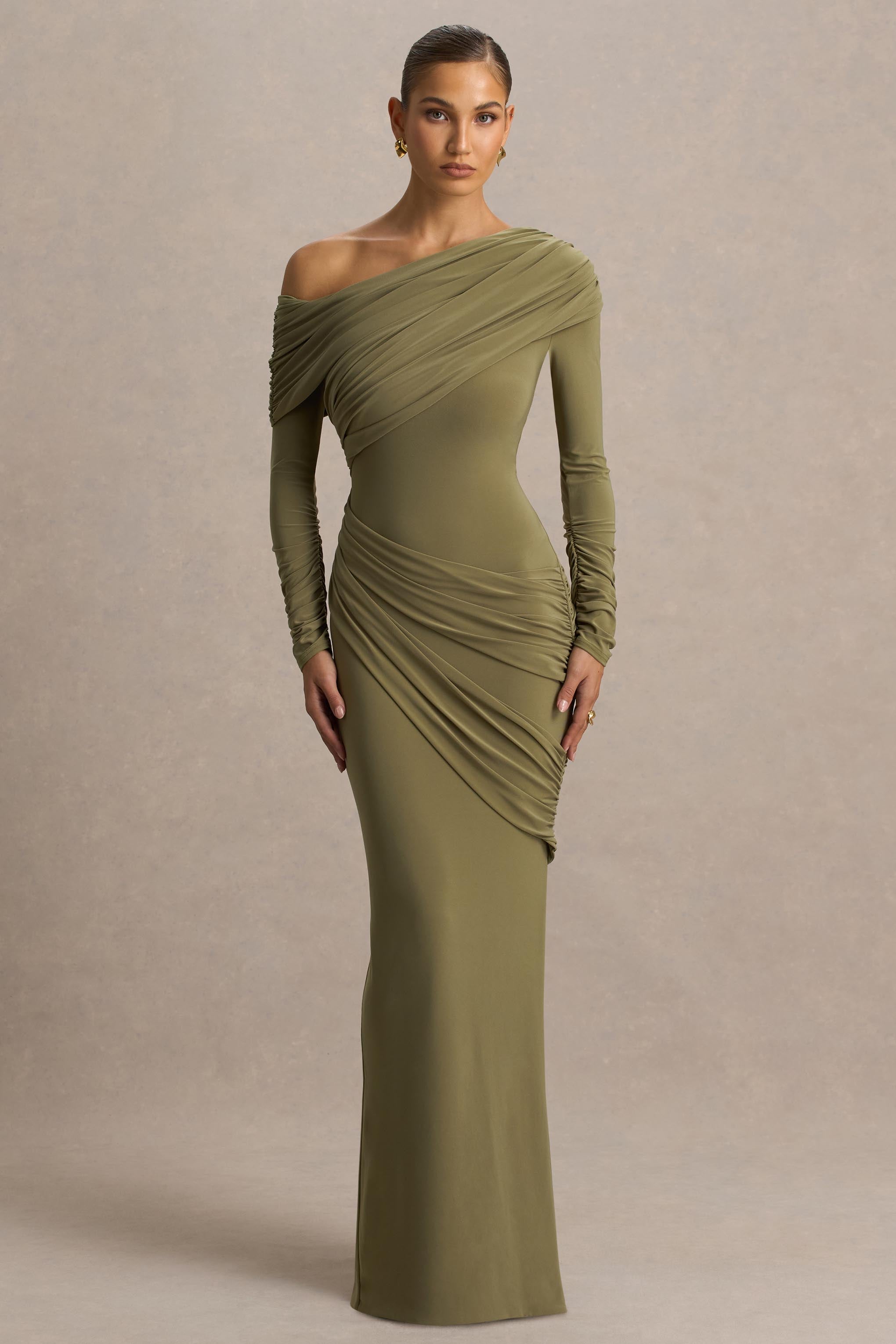 fira asymmetric neck ruched maxi dress Ever-Pretty Ruched V-Neck Maxi Dress with Front Drawstring for Summer Wedding Guests & Formal Nights