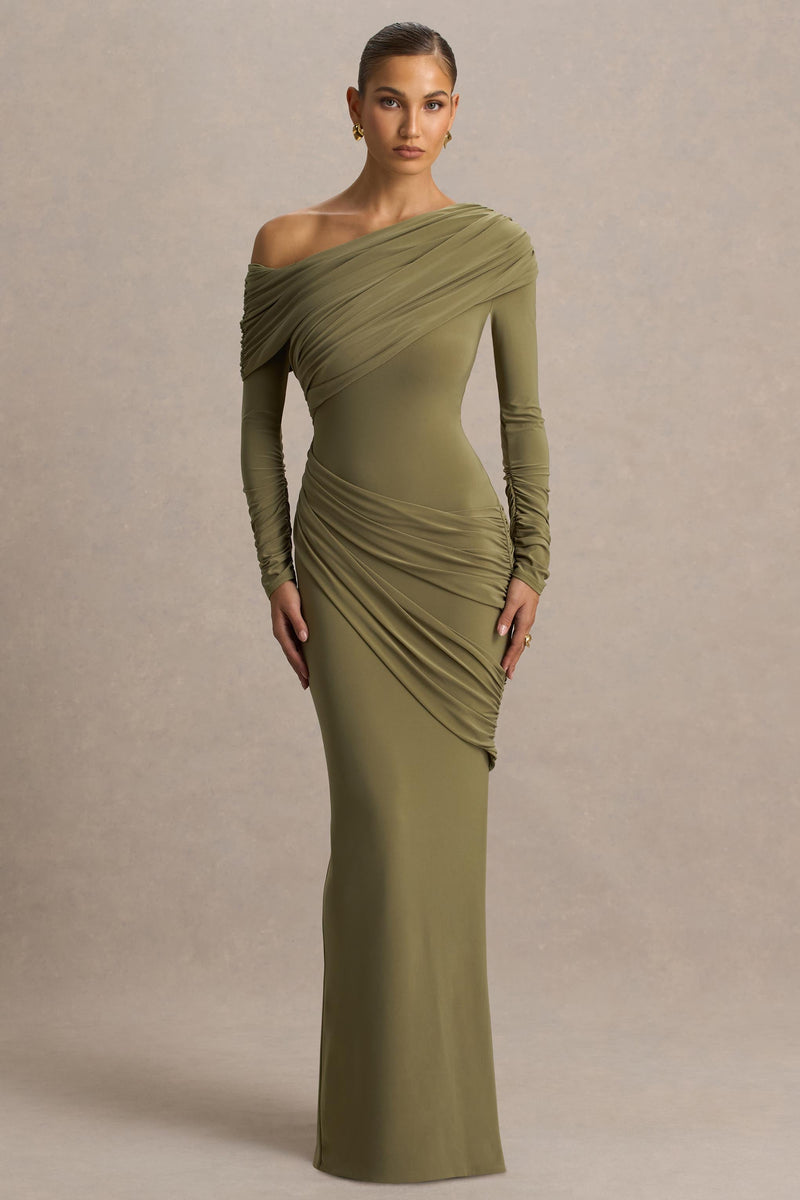 Perrie Olive Asymmetric-Neck Maxi Dress With Ruched Detailing