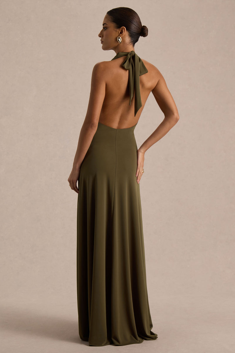 Mist Olive Plunge-Neck Maxi Dress With Knot-Detail And Open-Back Club L London - USA Mist Olive Plunge-Neck Maxi Dress With Knot-Detail And Open-Back Club L London - USA