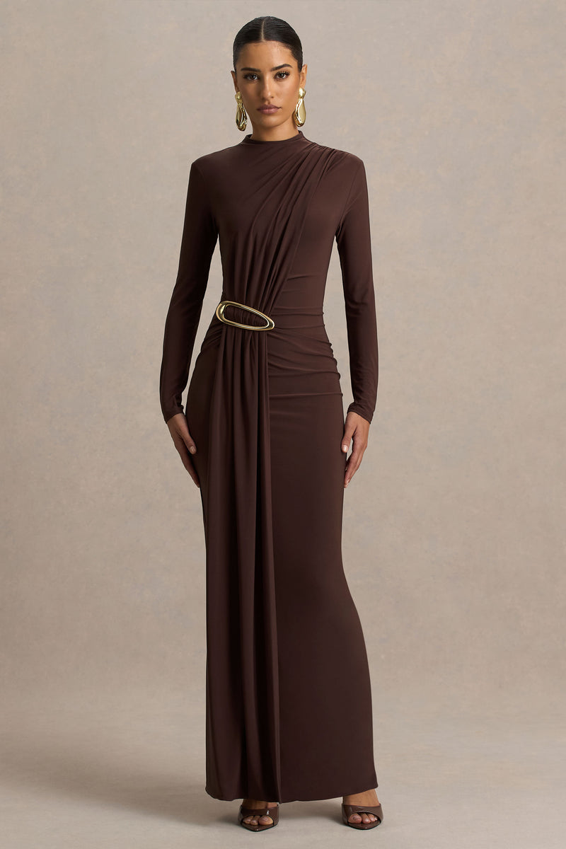 Zadie Brown High-Neck Maxi Dress With Gathered-Detail – Club L