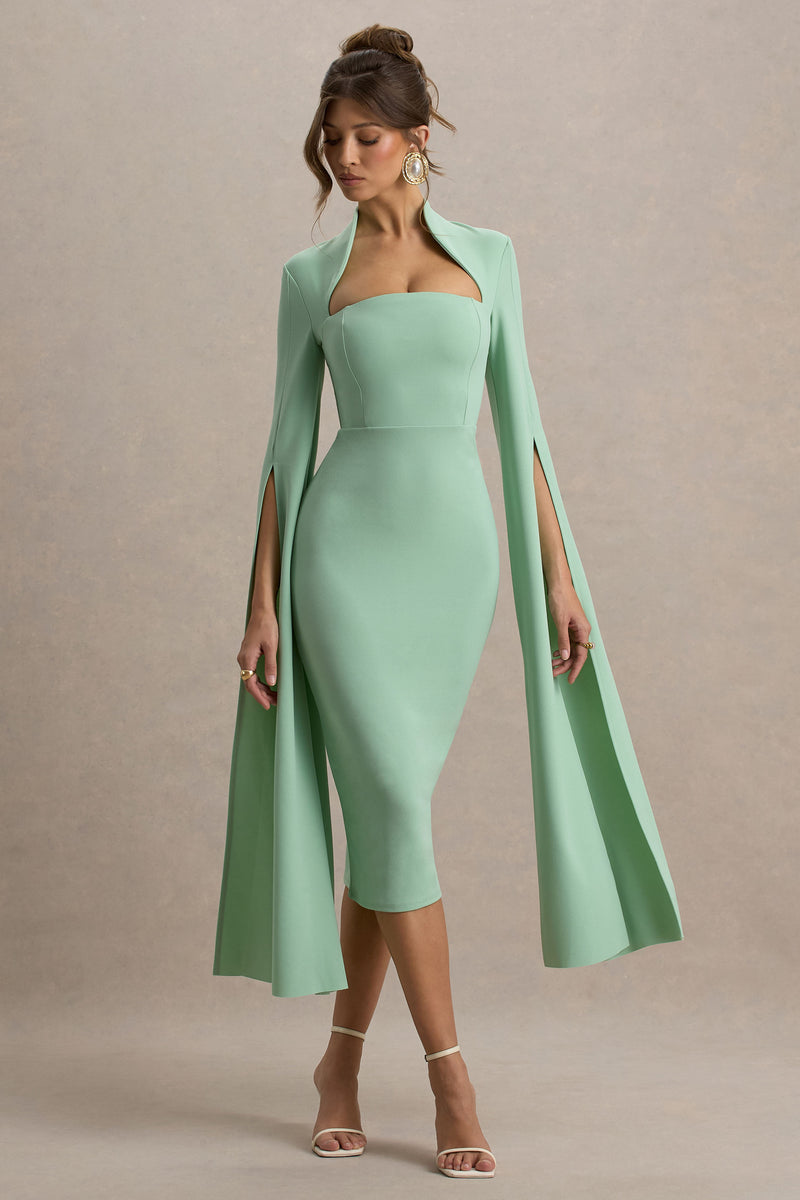 Linden Light Green Bodycon Cape-Sleeve Midi Dress – Club L London