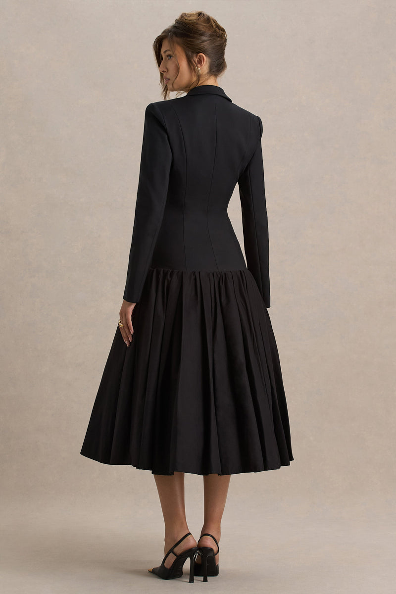 Cosmopolitan Black Plunge-Neck Tailored Midi Dress With Pleated Hem
