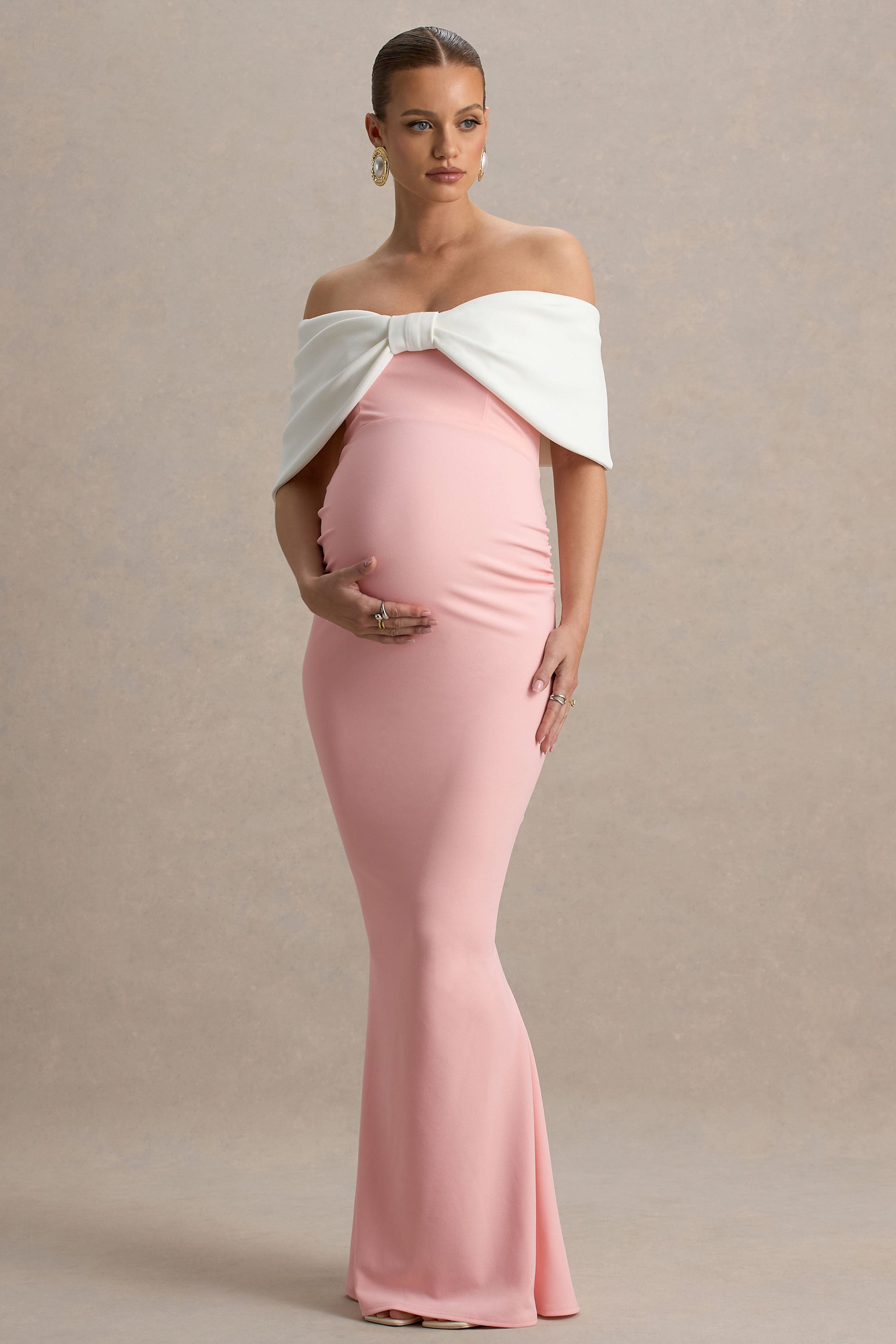 Libra | Pink & White Bow Bardot Maternity Maxi Dress – Club L London