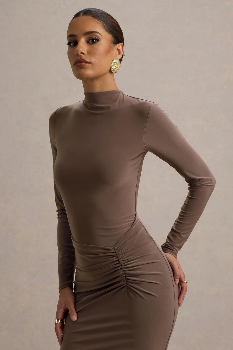 Reid | Brown Long-Sleeve Gathered Maxi Dress - UK 16 mocha Reid | Brown Long-Sleeve Gathered Maxi Dress - UK 16 mocha