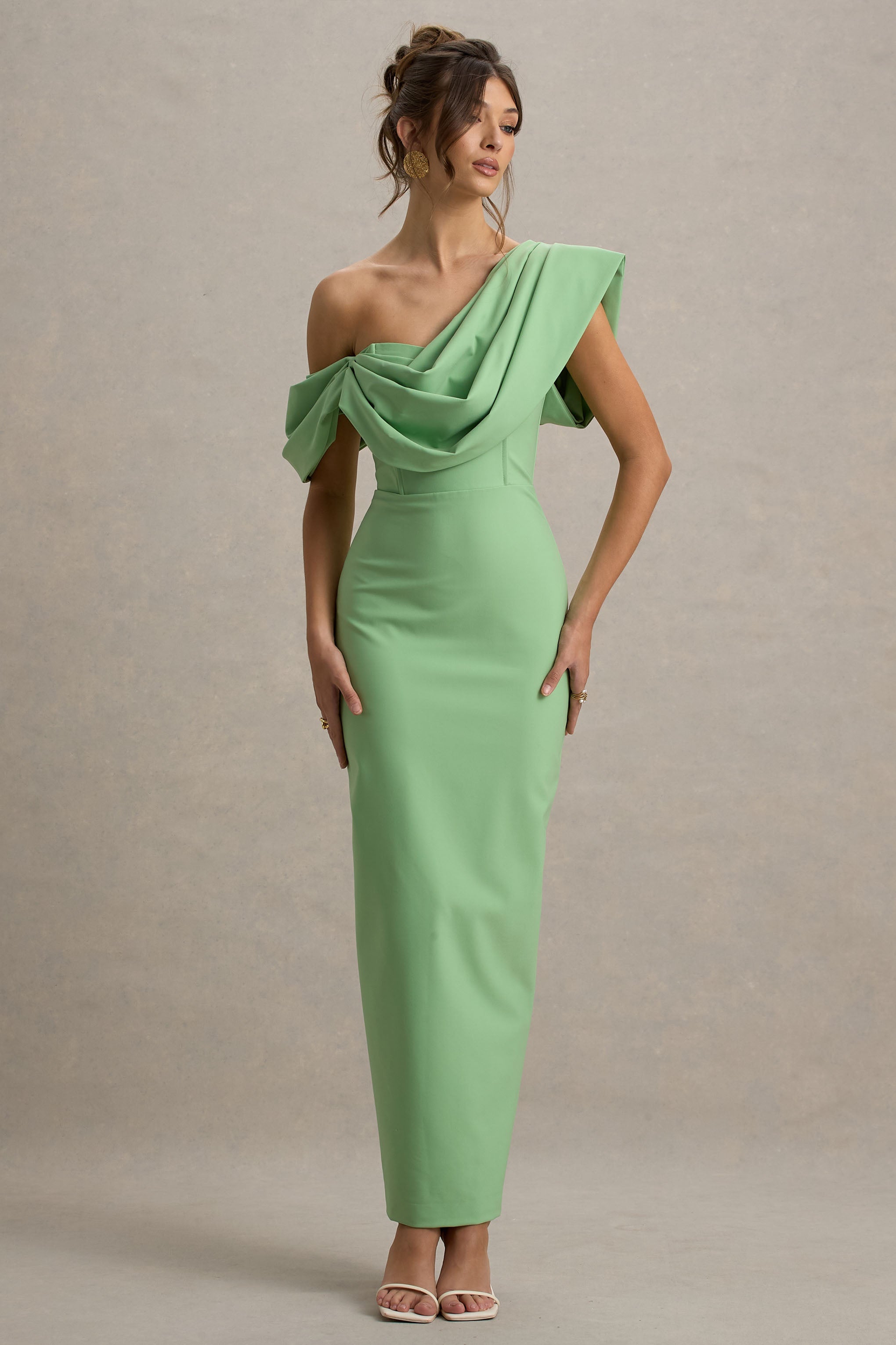 sisters. angelina asymmetric draped one-shoulder maxi dress | Green Shoulder Butter Yellow Square-Neck a-line midi dresses The Size:3x