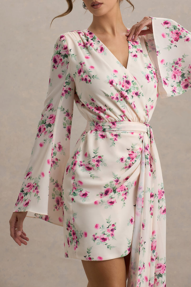 Goldie | Cream Floral Print Chiffon Long-Sleeve Wrap Mini Dress Goldie | Cream Floral Print Chiffon Long-Sleeve Wrap Mini Dress