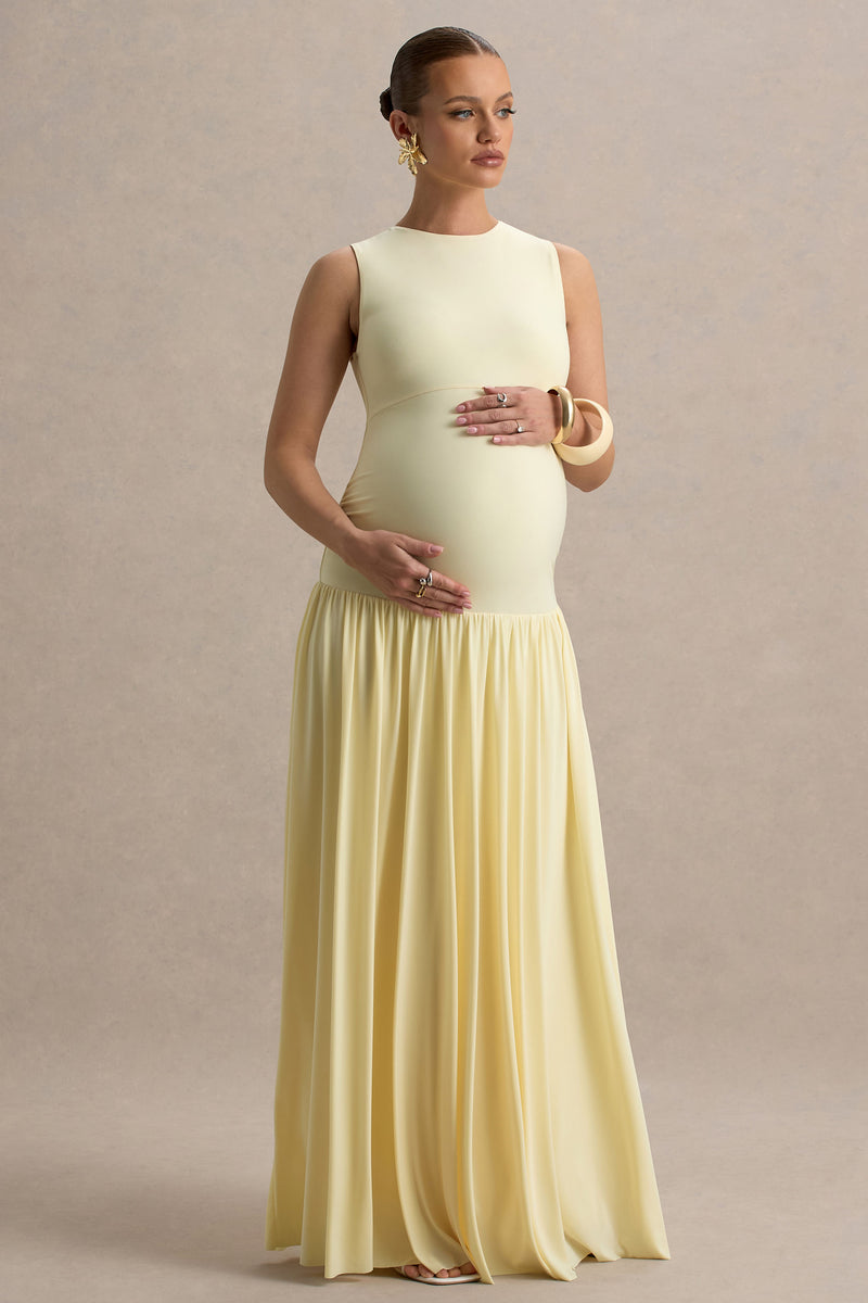 knee length dresses for ladies Outline | Lemon Crew-Neck Maternity Maxi Dress with Pleated Skirt