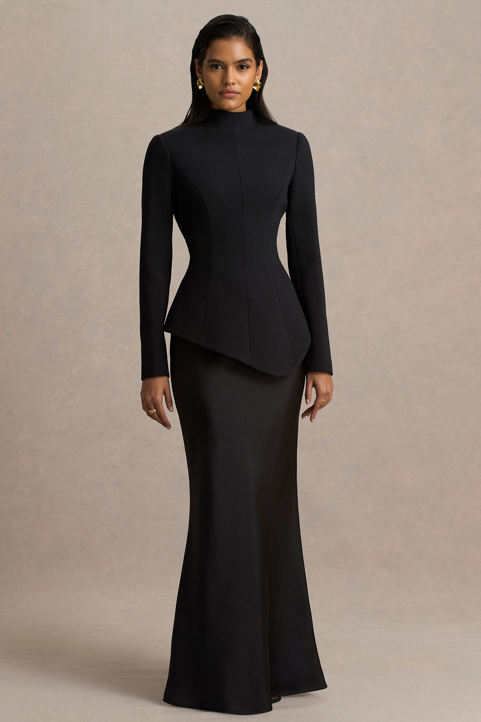 high collar formal dress Pepita | Black High-Neck Tailored Maxi With Drop-Waist And Satin – Club L London mens-suede:Duke Florencio Tweed Mini Dress cultural gatherings Color:SURF BLUE
