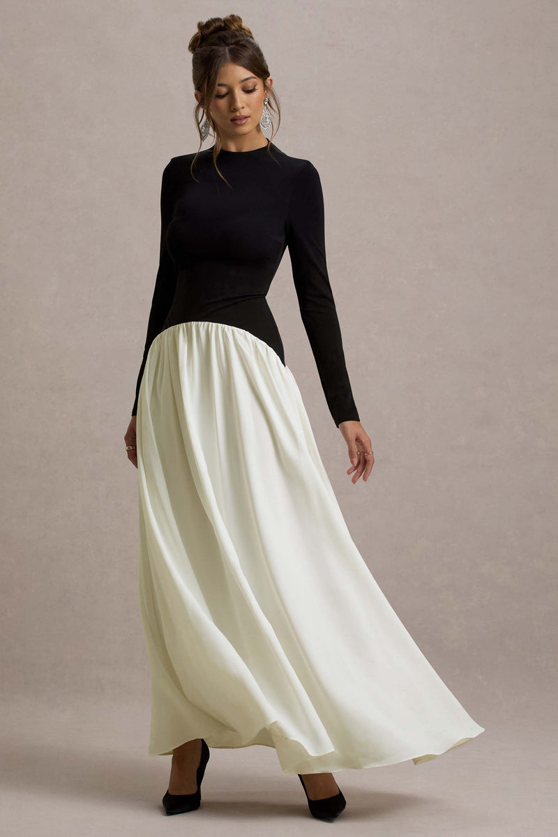 Benedetta Black & Cream Long-Sleeve Drop-Waist Maxi Dress Club L London - USA Benedetta Black & Cream Long-Sleeve Drop-Waist Maxi Dress Club L London - USA