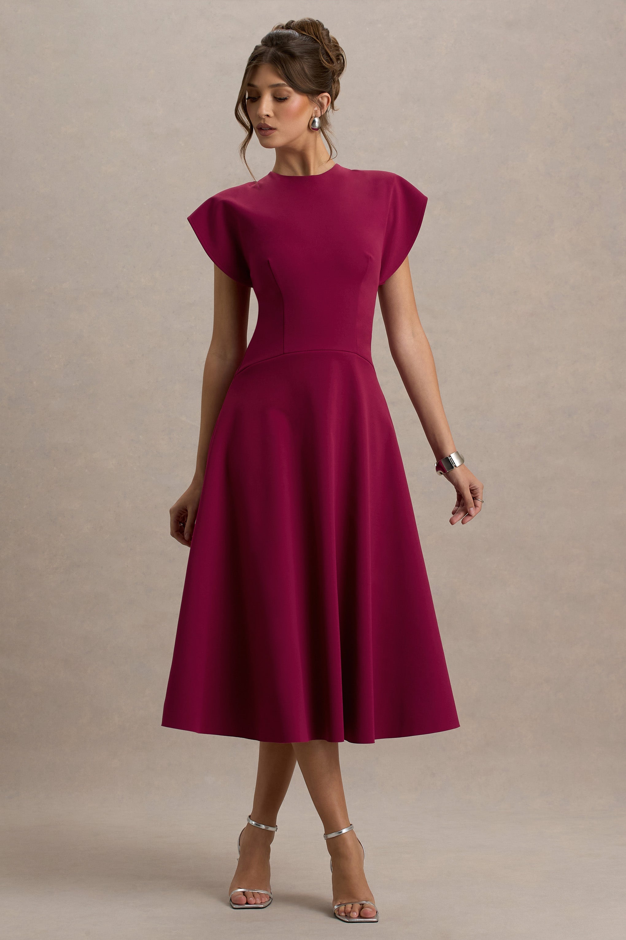Linda | Dark Cherry Crew-Neck Cap-Sleeve Midi Dress – Club L