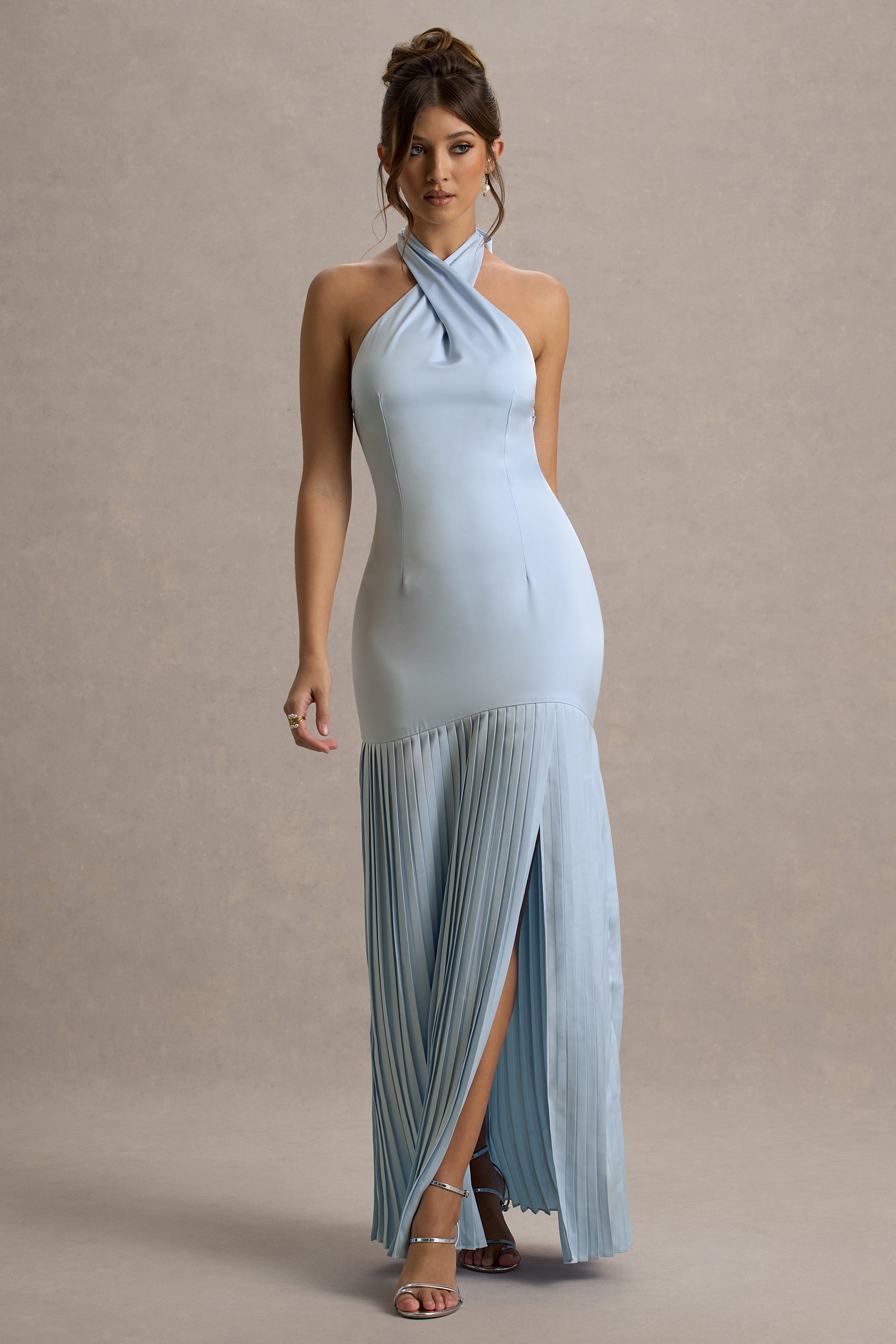 Sansa | Powder Blue Satin Cross Halter-Neck Plisse Maxi Dress – Club L London