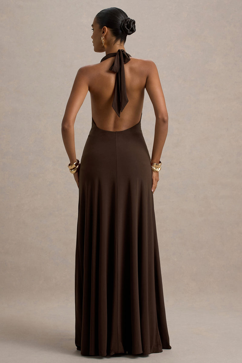 Mist | Brown Plunge-Neck Maxi Dress With Knot-Detail And Open-Back - UK 14 Brown Mist | Brown Plunge-Neck Maxi Dress With Knot-Detail And Open-Back - UK 14 Brown