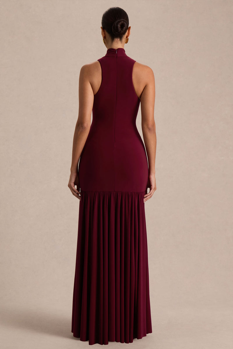 Tasmin Burgundy High-Neck Maxi Dress With Drop-Waist – Club L London
