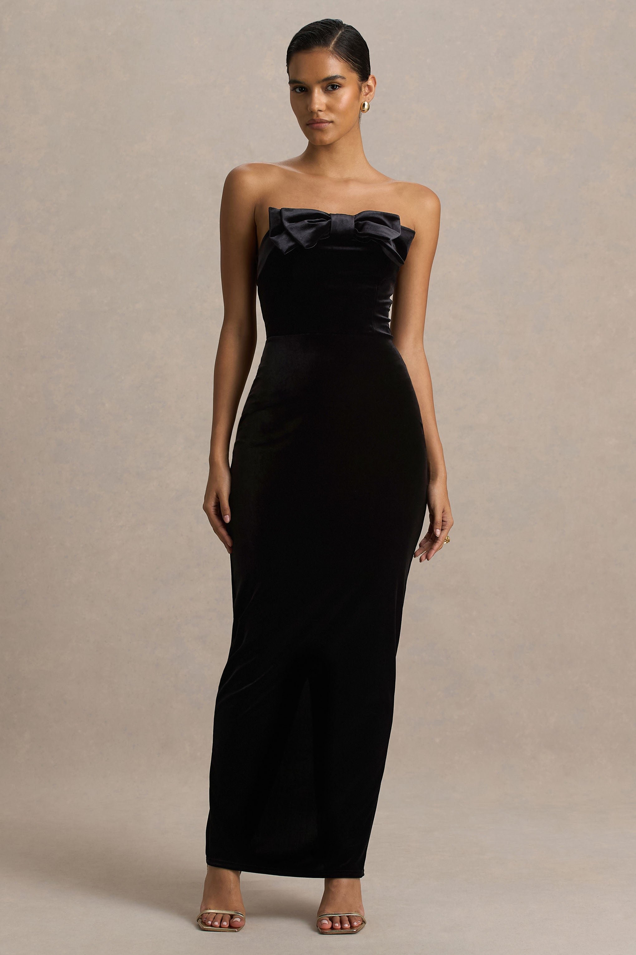 black velvet draped wrap detail bandeau maxi dress Illusion VendorBundle Black Dresser With Silver Noir velvet fabric Colors:Yellow Gold