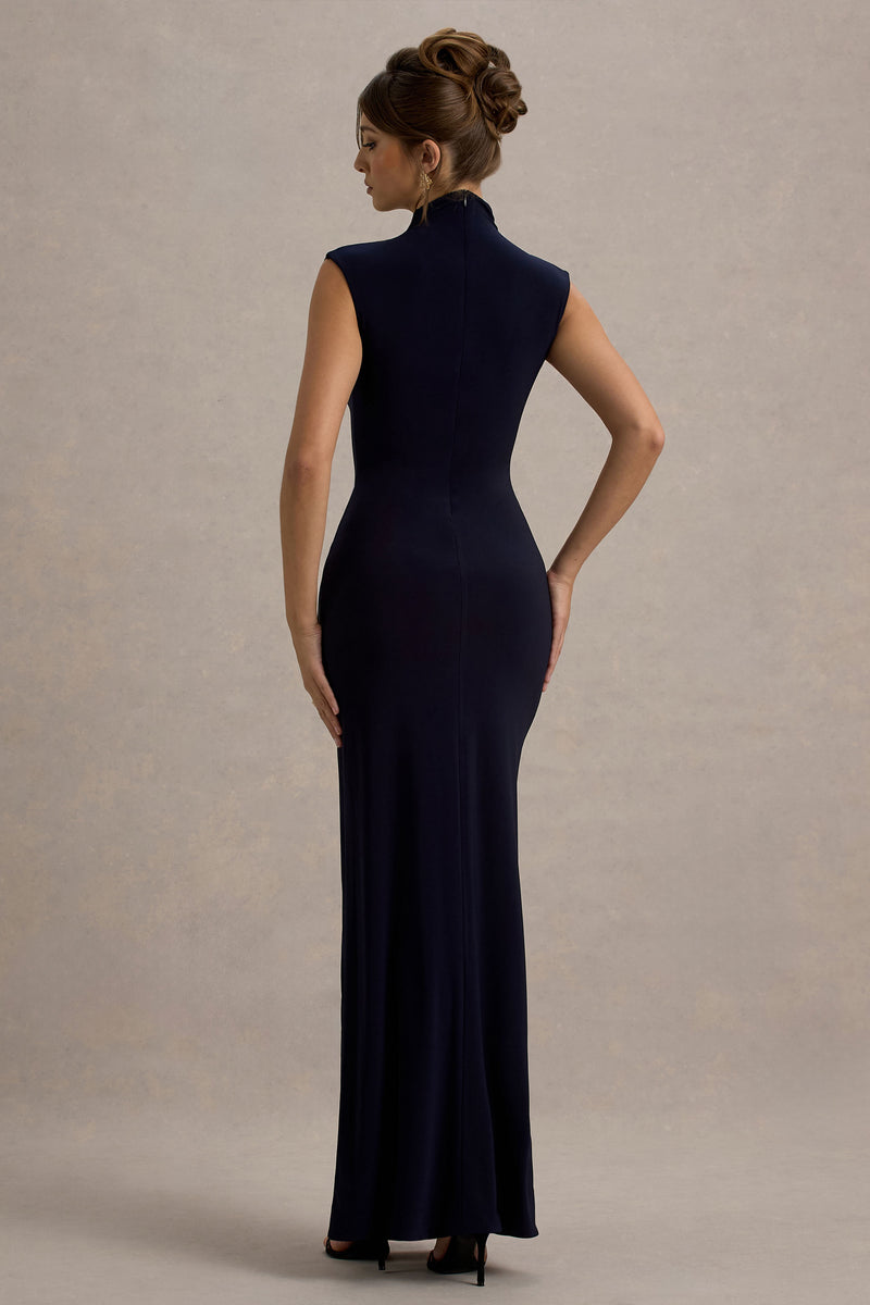 Lanetta Navy Ruched High-Neck Maxi Dress With Split – Club L London