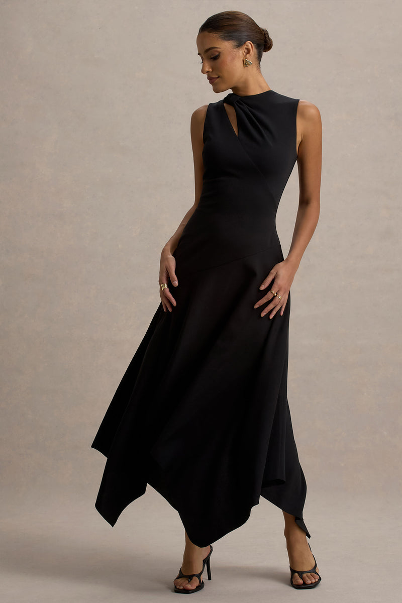 Francesca Black Knotted Midi Dress With Handkerchief Hem – Club L London