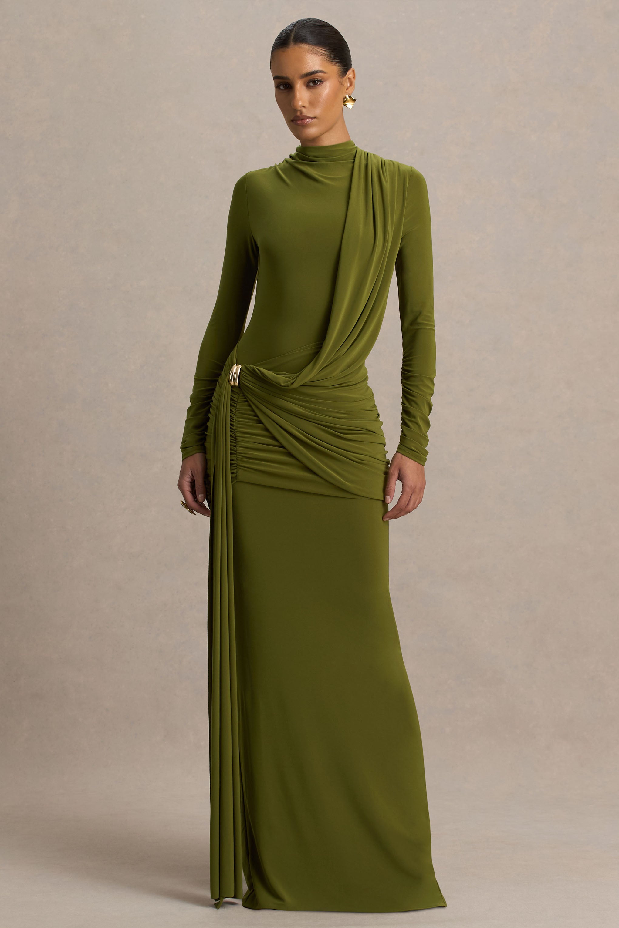 crepe olive green long sleeve dress reviews Melissa | Olive Long-Sleeve Wrap Maxi Dress With Draped Detailing