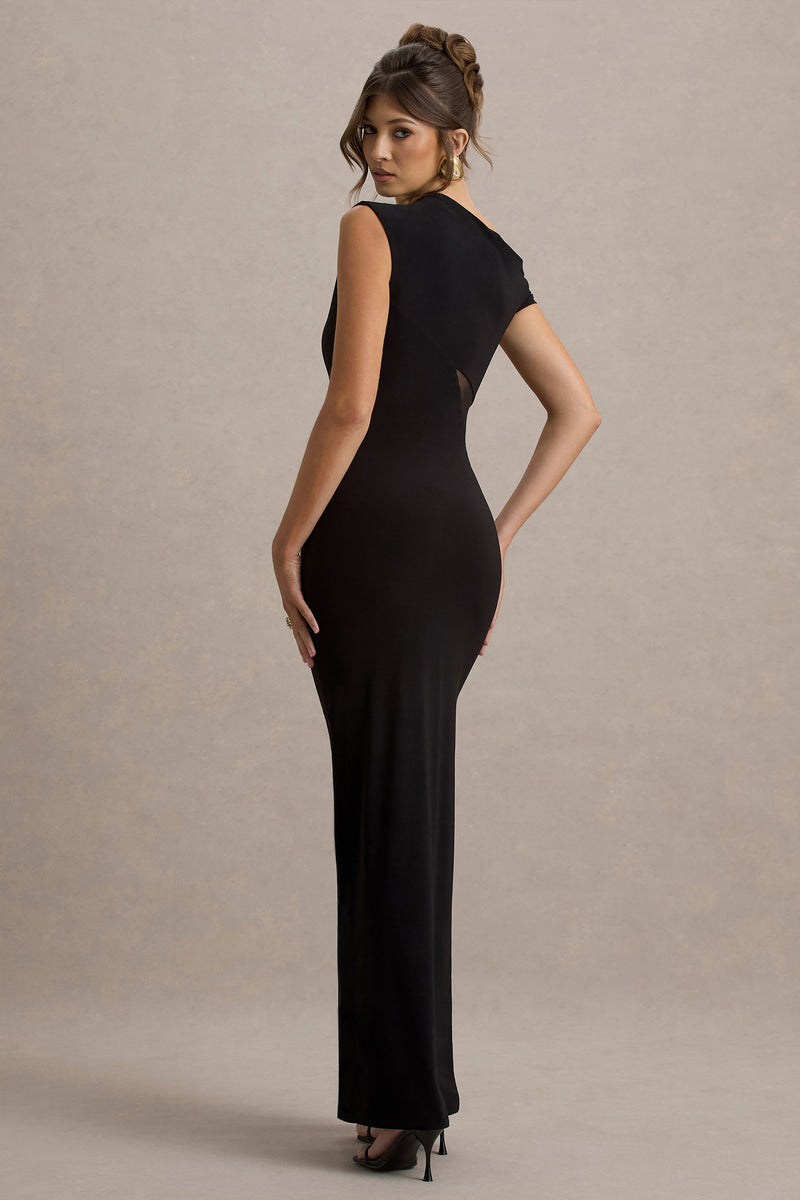 Emily Black Asymmetric Split Maxi Dress With Mesh Detailing