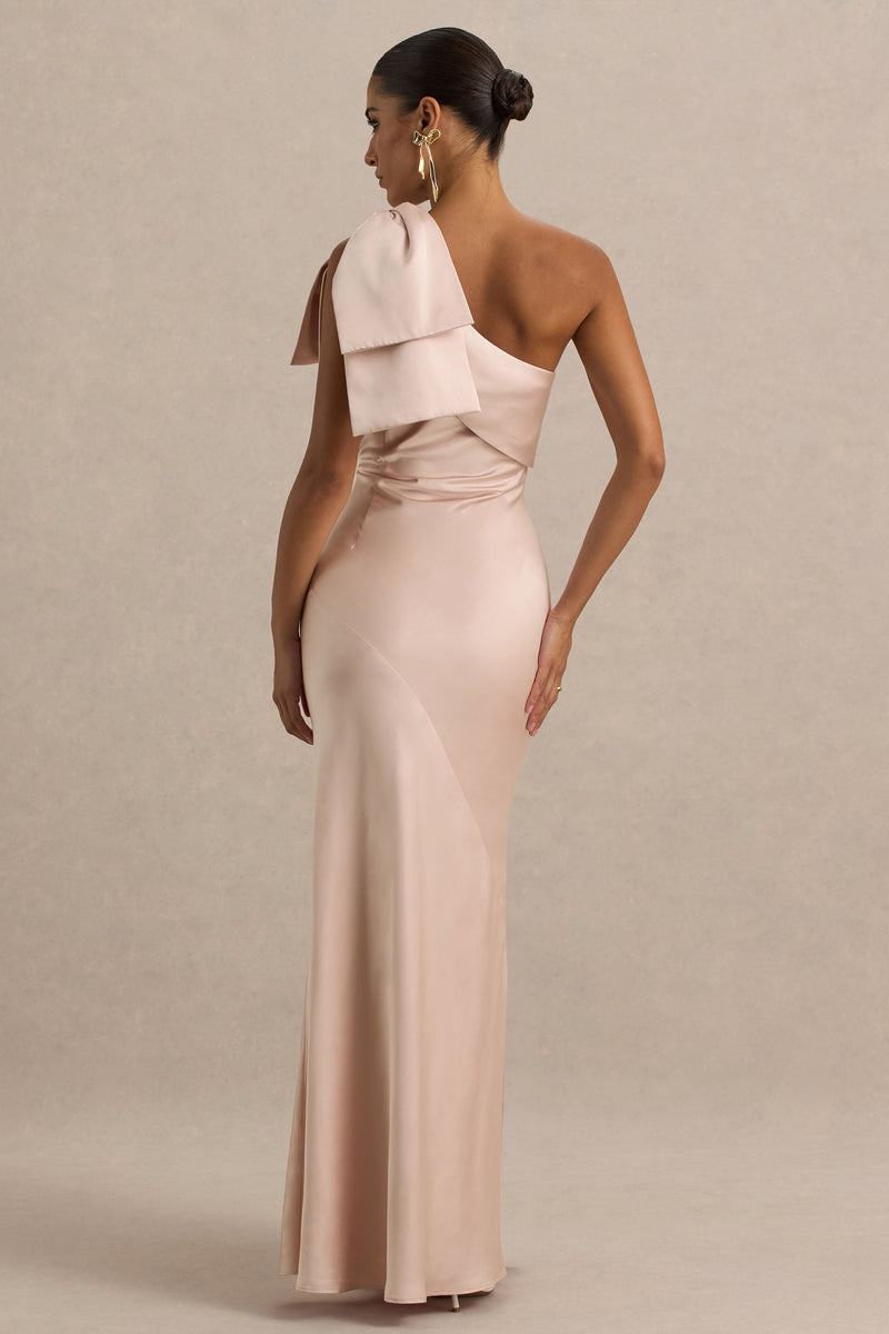 Valerie Light Pink Satin Asymmetric-Neck Maxi Dress With Bow Detail – Club  L London