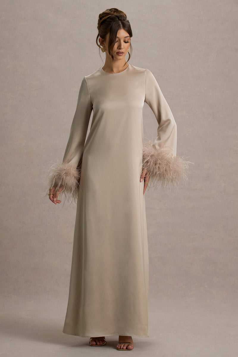 Adella Champagne Satin Feather-Trim Maxi Dress – Club L London - USA
