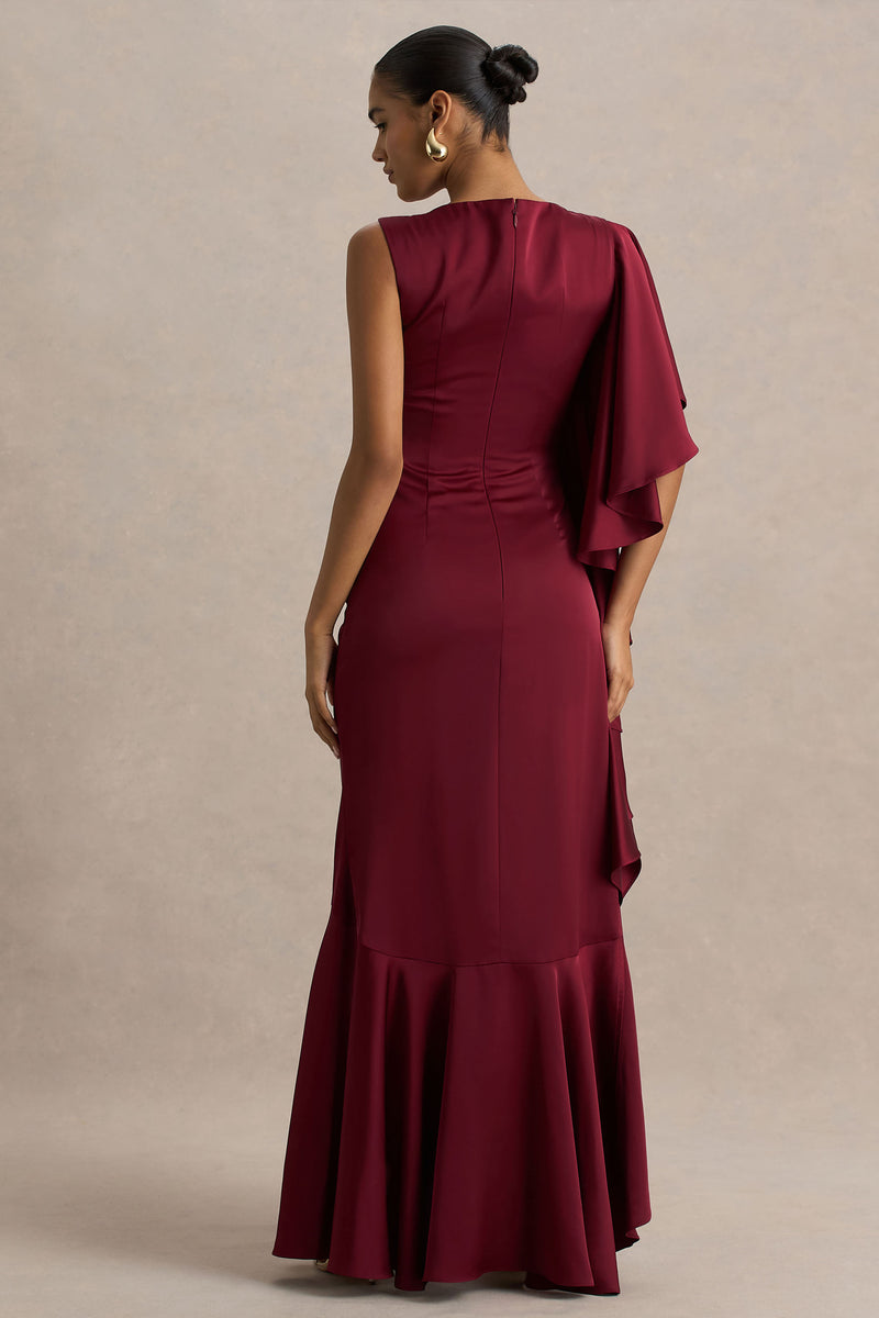 Rosy Burgundy Satin Boat-Neck Maxi Dress With Front Split And Ruffle  Club  L London - USA