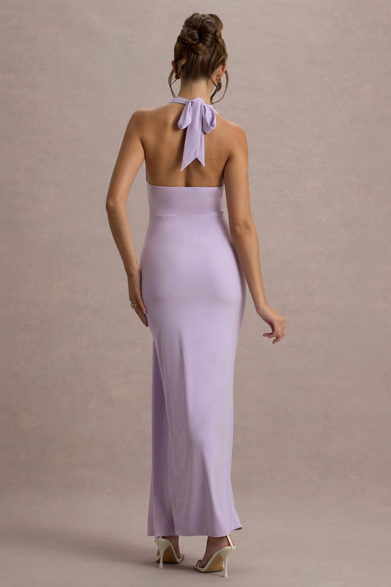 Sunflower Lilac Ruched High-Neck Split Maxi Dress – Club L London