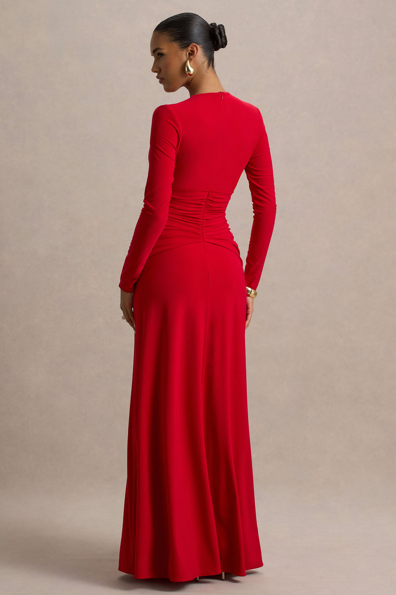 long red dress with sleeves Estrella | RED High-Neck Maxi Dress With Ruched Detailing