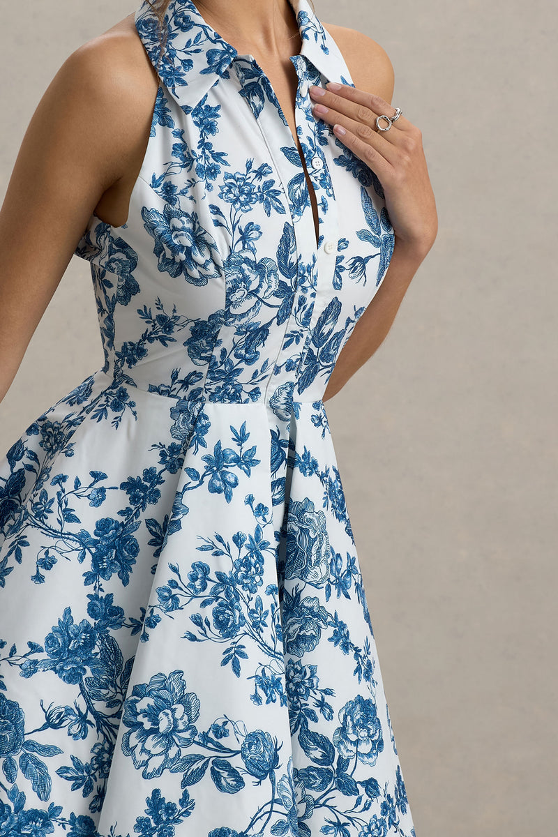 penny lane blue floral print mini dress Paulie Blue Porcelain Print Poplin Skater Mini Dress – Club L London