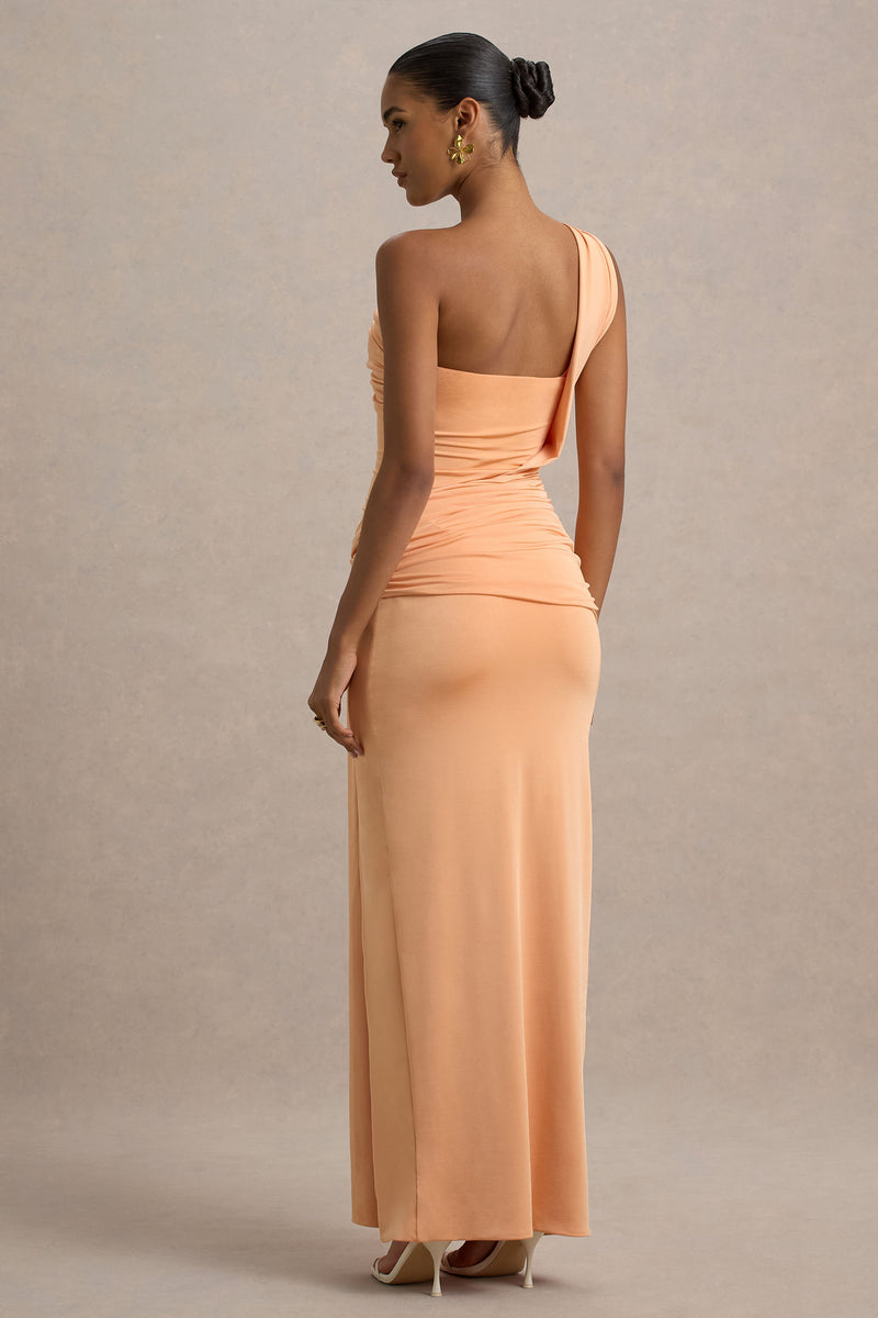 Erminia Peach One-Shoulder Twist Wrap Maxi Dress – Club L London