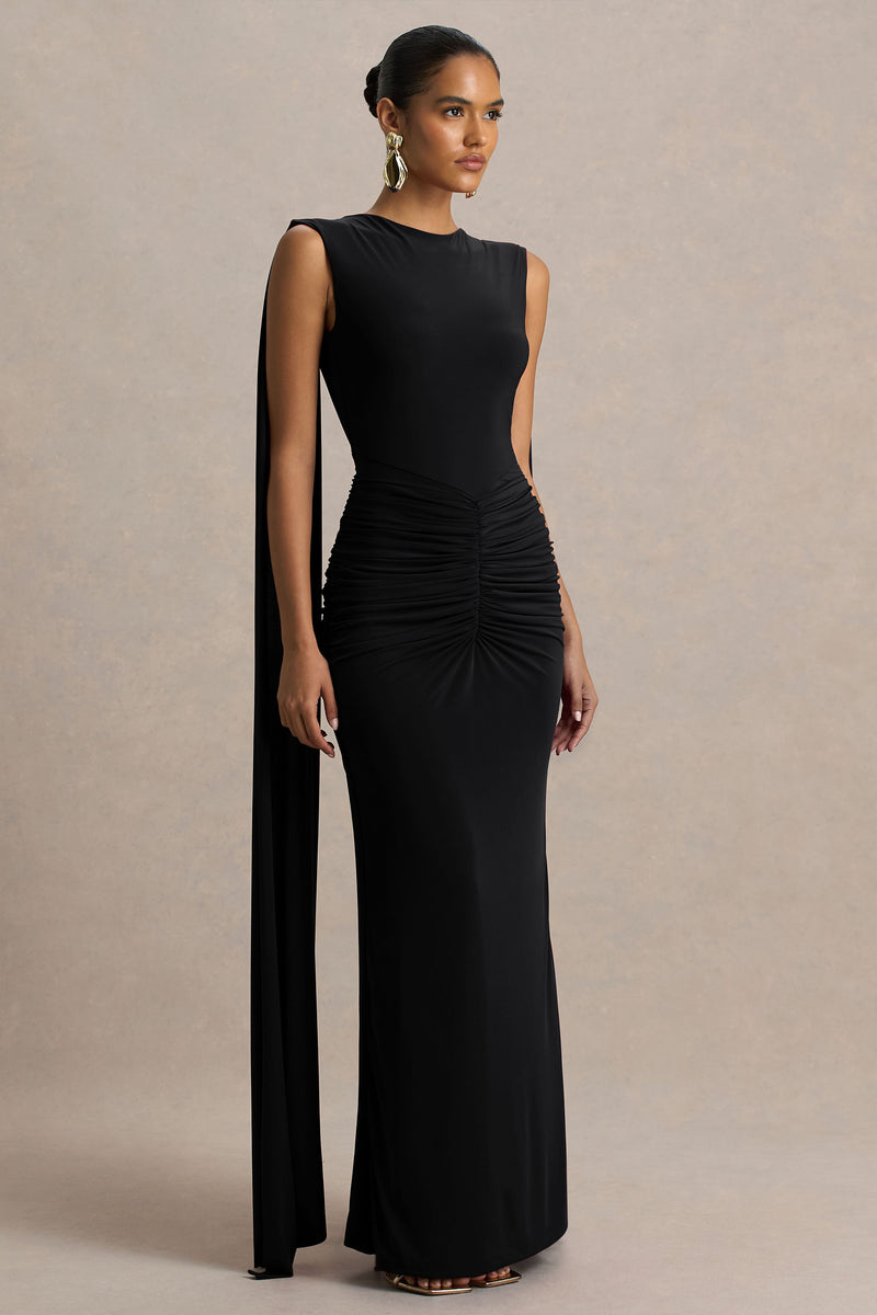 white christmas dresses Premiere | Black Boat-Neck Maxi Dress with Open-Back and Cape-Sleeves