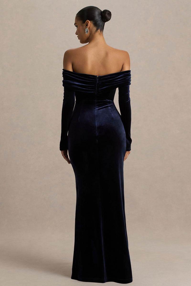 Countess Navy Velvet Bardot-Neck Wrapped Maxi Dress With Front-High – Club  L London