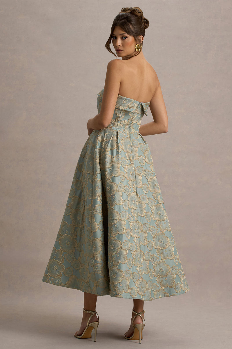 Zuma Light Blue Jacquard Strapless Midi Dress – Club L