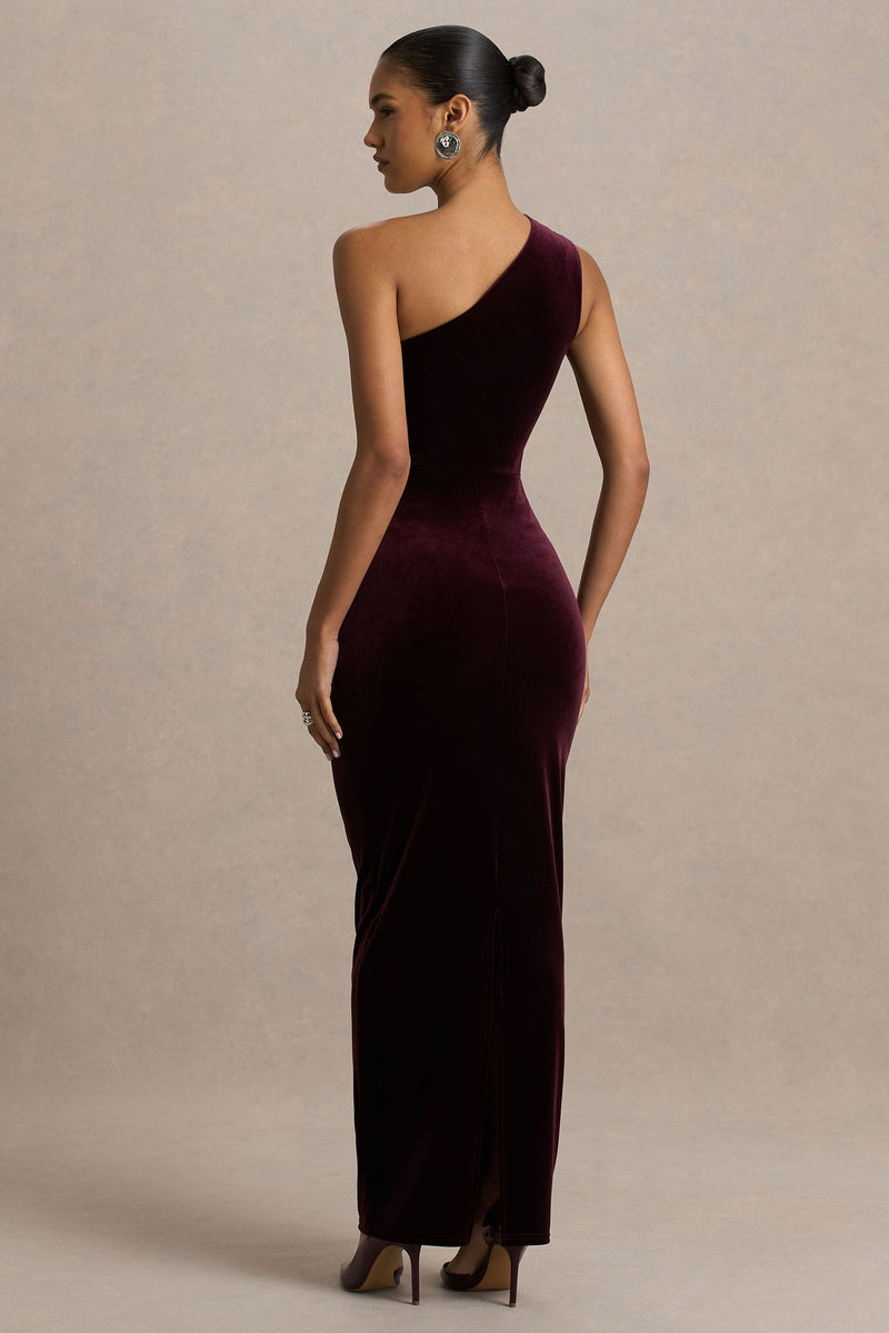 burgundy velvet one shoulder dress Adrianna Papell One-shoulder Velvet Bow Gown
