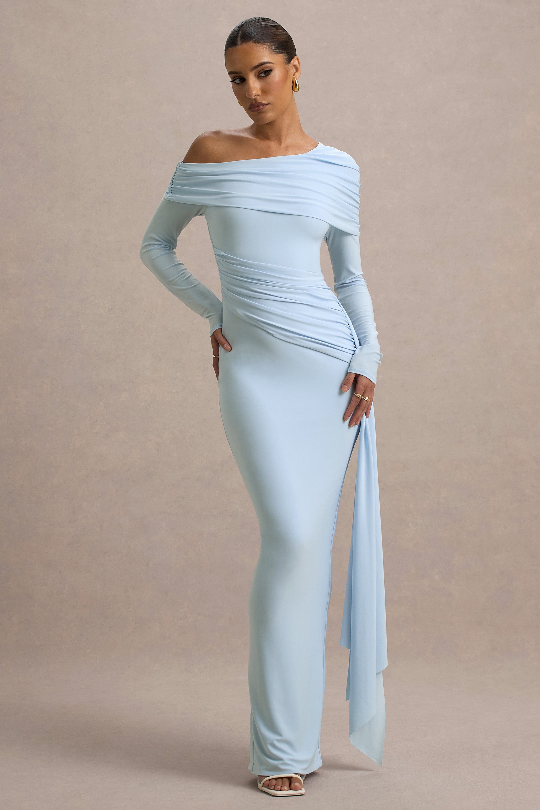 club l london blue dress Valina | Powder Ruched Asymmetric Maxi With Drape Navy bardot
