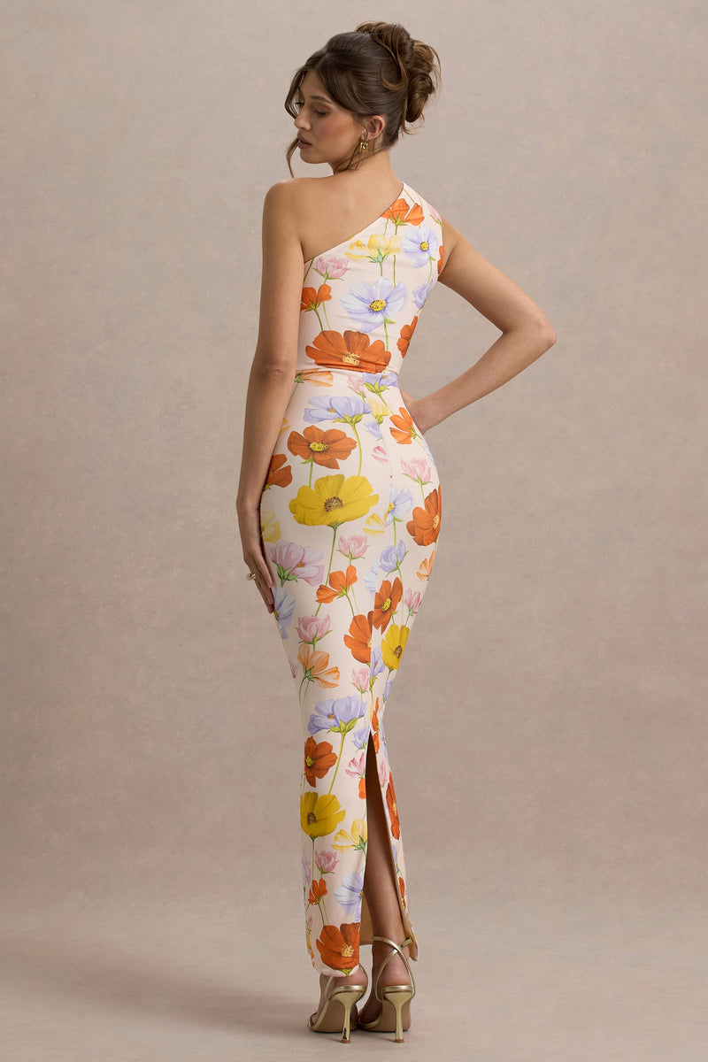 clarey floral maxi dress Dalarie | Bright Floral Print One-Shoulder Gathered Maxi Dress