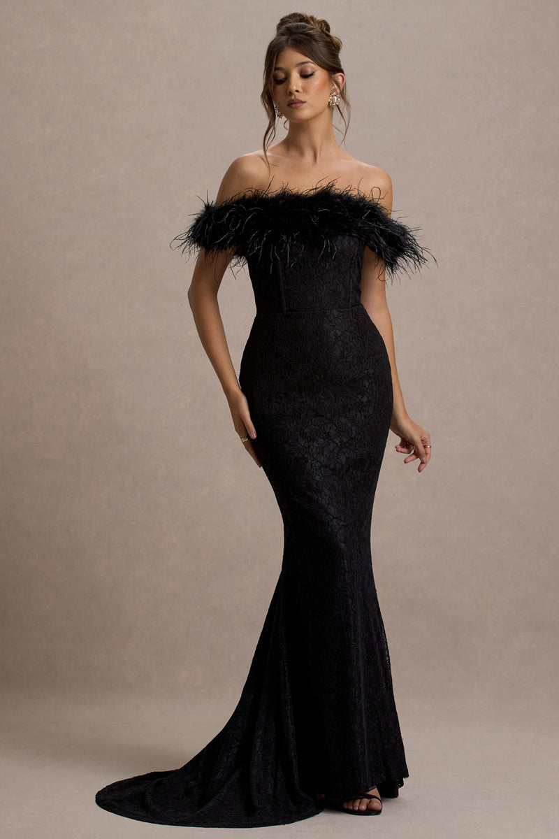 Idyll Black Lace Bardot Feather Fishtail Maxi Dress – Club L