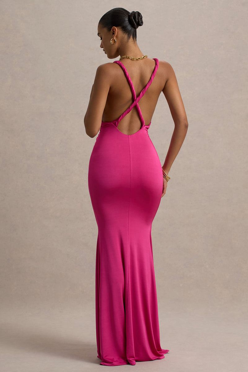 green emerald velvet dress La Femme Long Prom Dress with Lace-Up Open Back Neon Pink / 4 main image 1