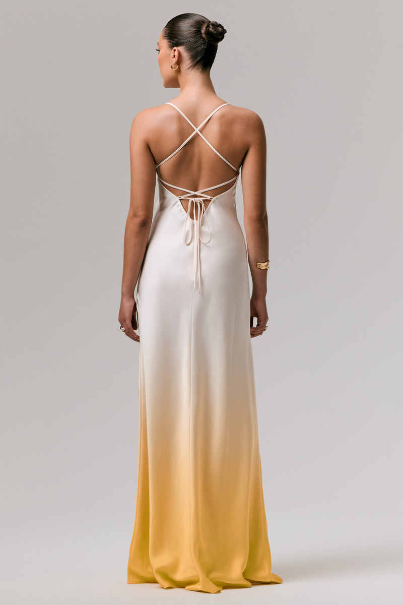 Lucie Yellow Ombre Satin Cowl-Neck Maxi Dress Club L London - USA Lucie Yellow Ombre Satin Cowl-Neck Maxi Dress Club L London - USA