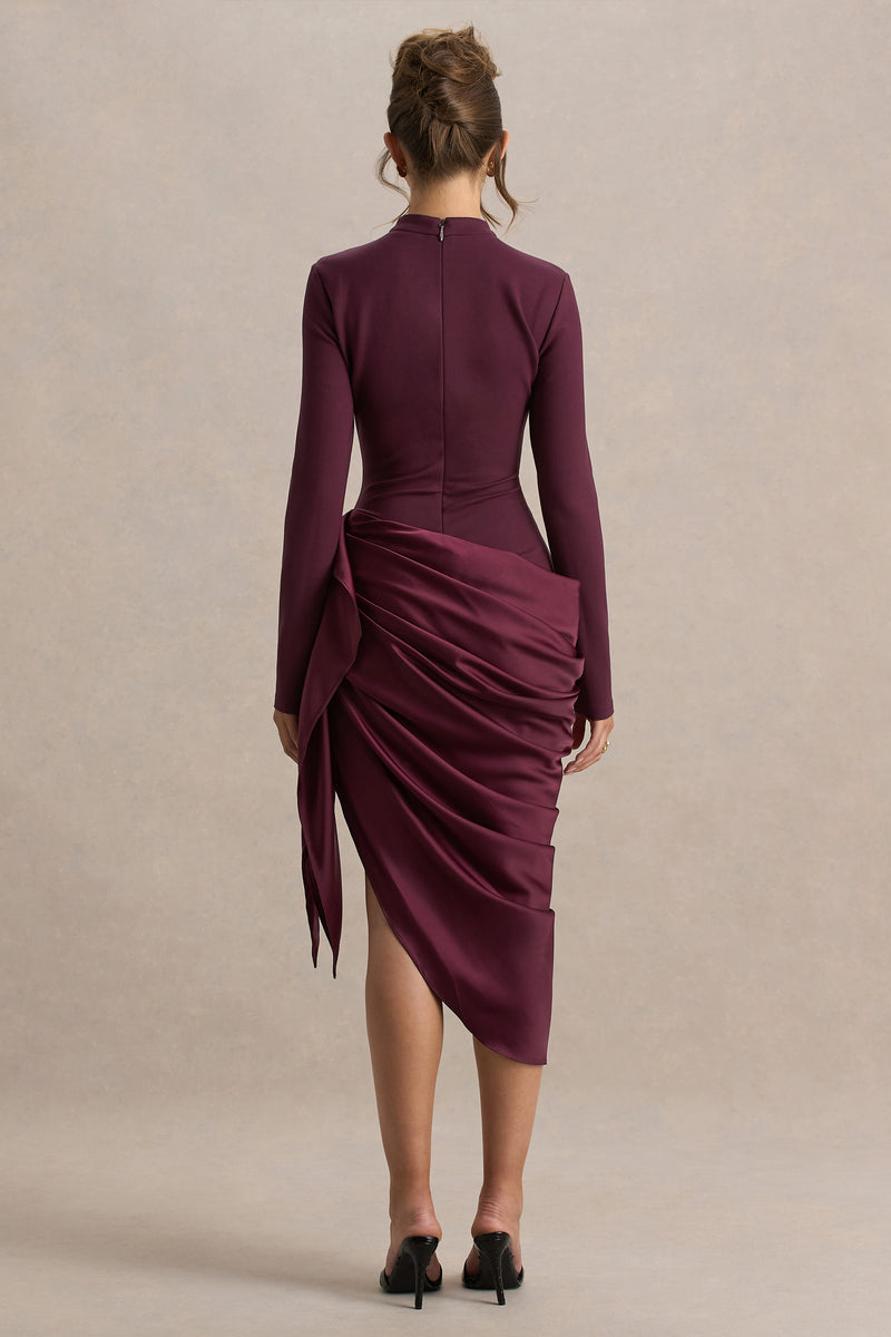 Raffie | Plum Long-Sleeve Midi Dress With Satin Wrap Skirt - UK 6 aubergine Raffie | Plum Long-Sleeve Midi Dress With Satin Wrap Skirt - UK 6 aubergine