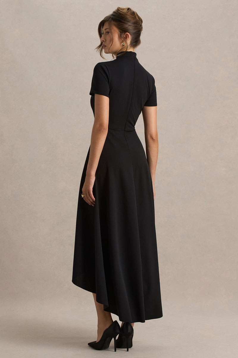 Bellona Black High-Neck High-Low Midi Dress – Club L London