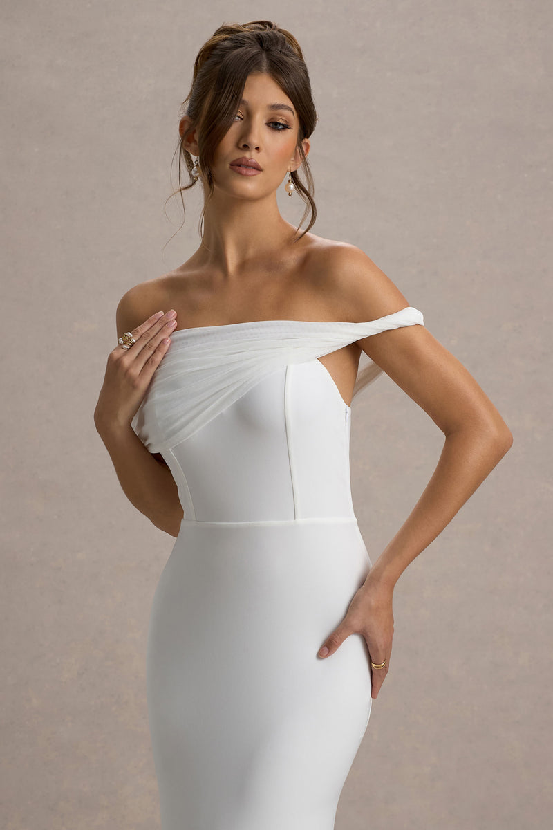 CurveWow Lace Bardot Maxi Dress White main image 1