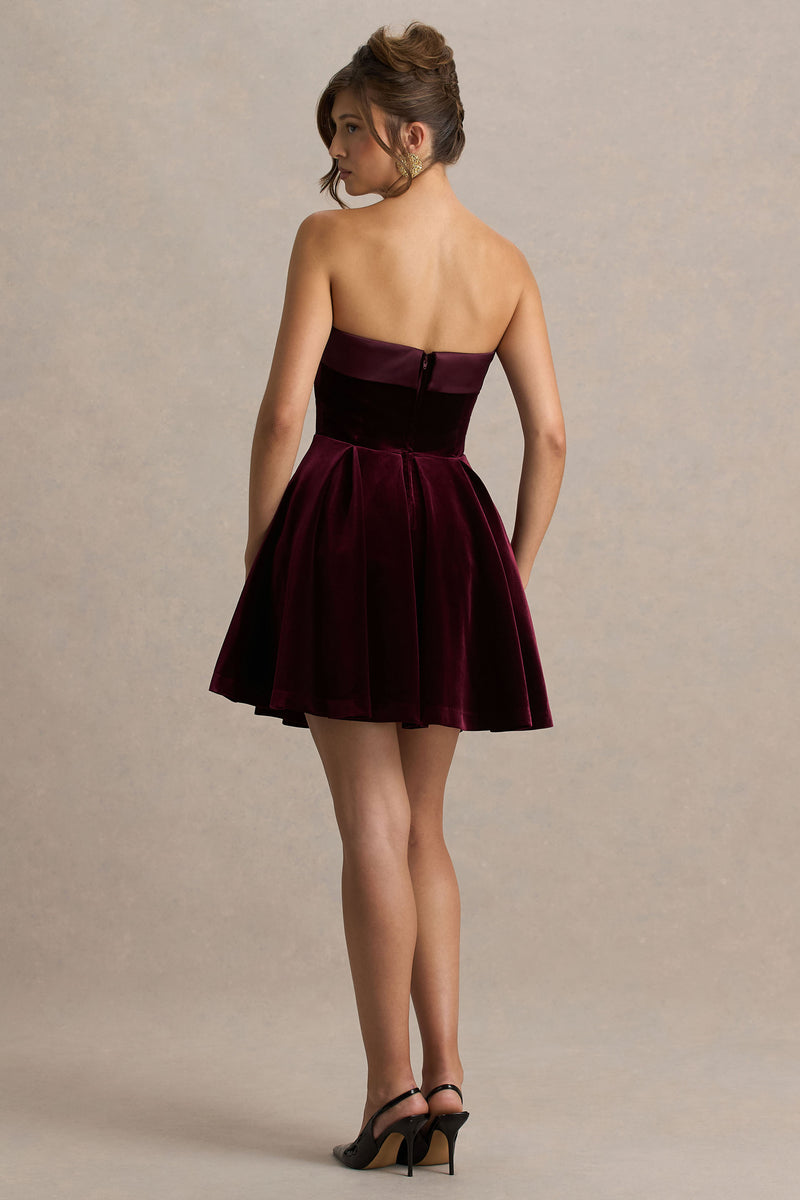 Mina Burgundy Velvet And Satin Bandeau Skater Mini Dress – Club L