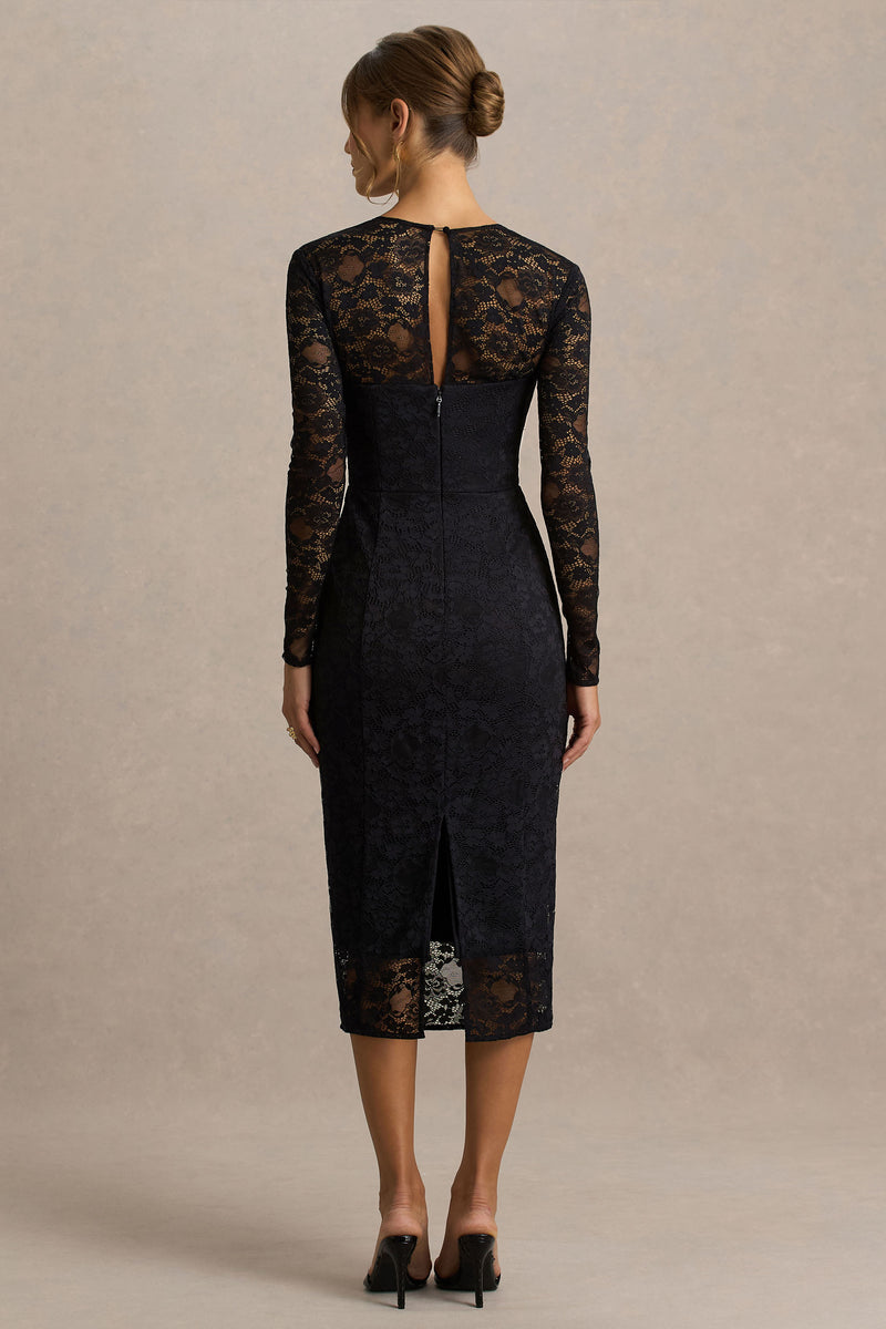 black dress with lace Alissa Black Lace Square-Neck Midi Dress – Club L London