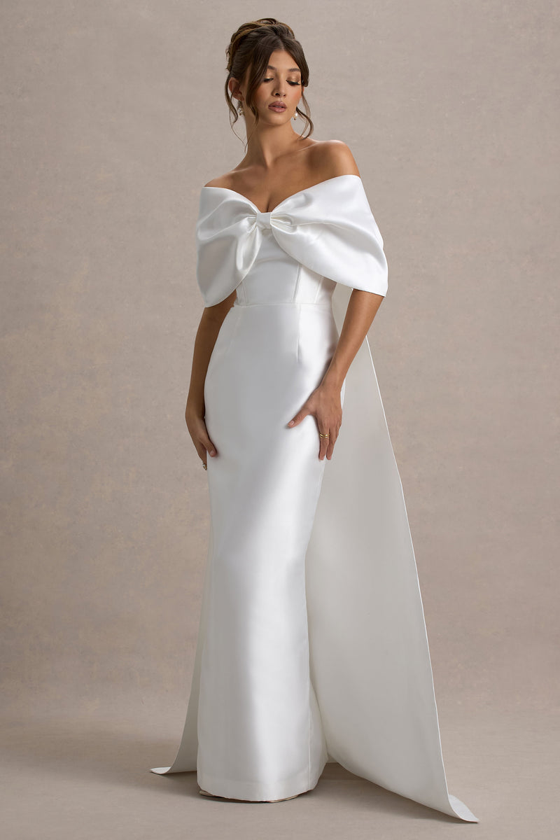 Wanting More | OFF White Satin Cape Maxi Dress With Oversized Bow US 6 / OFF White Wanting More | OFF White Satin Cape Maxi Dress With Oversized Bow US 6 / OFF White
