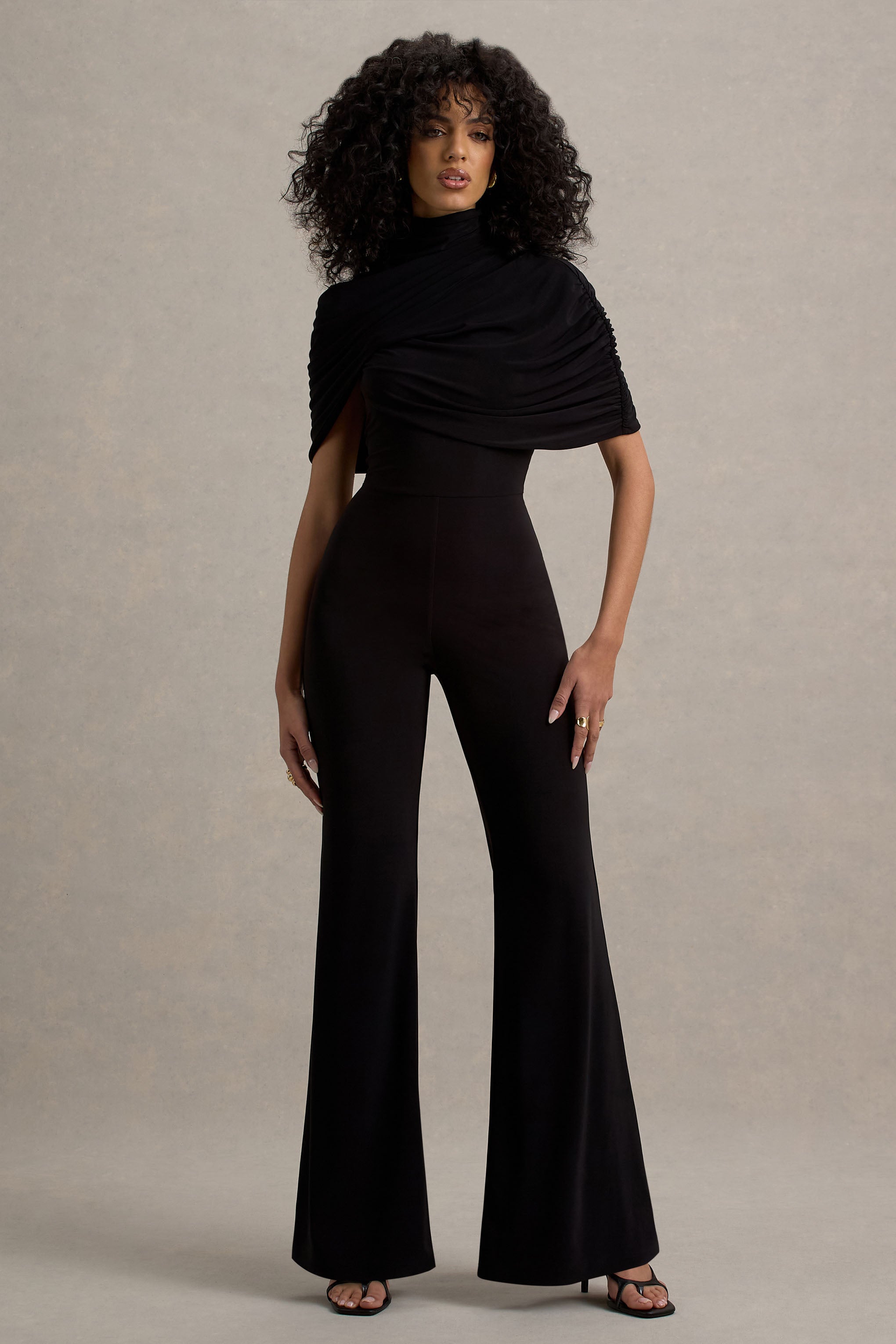 Isoline | Black Twist Cape Flared-Leg Jumpsuit – Club L London - USA