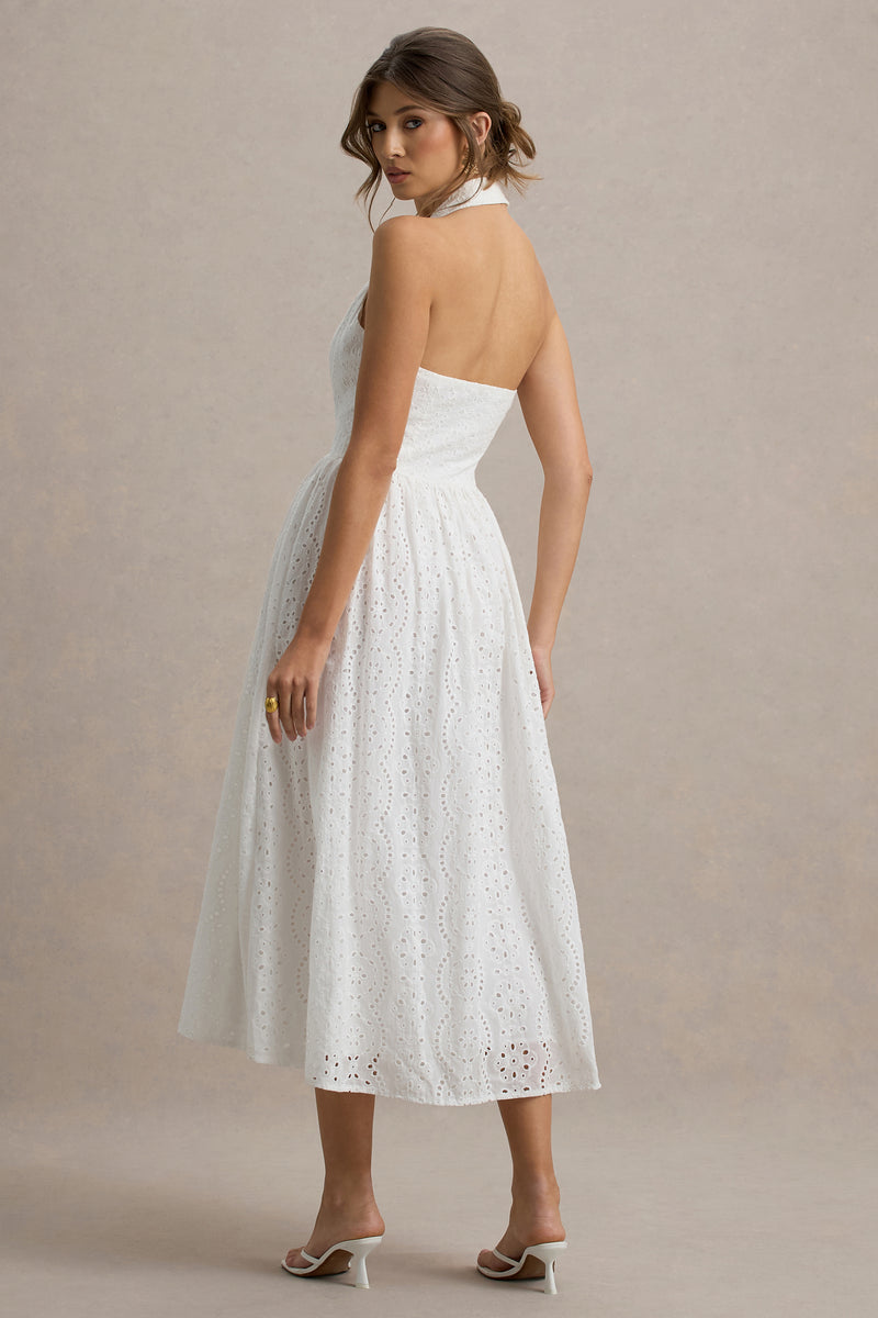 Jezebel White Lace Plunge-Neck Collared Midi Dress – Club L London