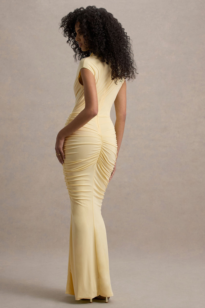 Lorenza Pale Lemon High-Neck Ruched Maxi Dress With Draped Lorenza Pale Lemon High-Neck Ruched Maxi Dress With Draped