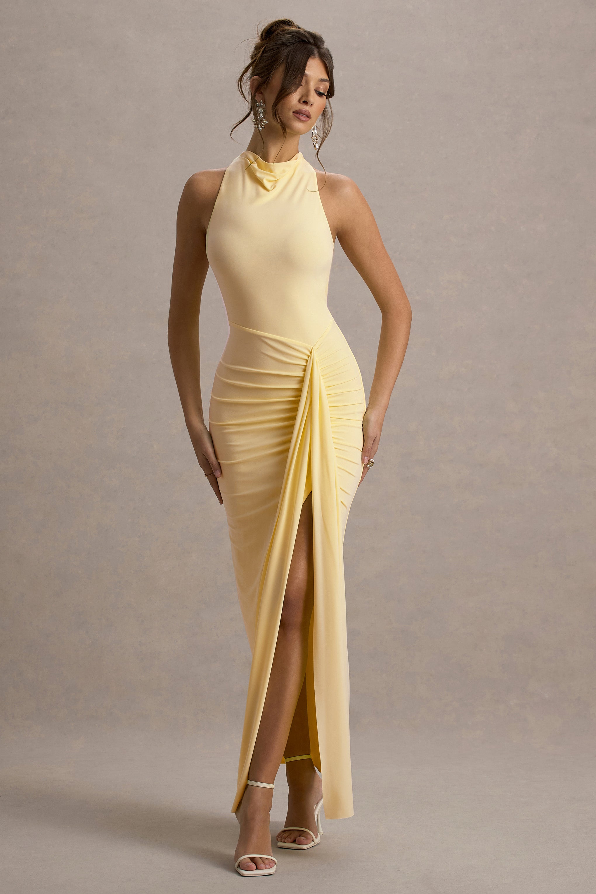 yellow maxi dress with split Sunflower | PALE Lemon Ruched High-Neck Size:1X (16-18) KissProm Green Off-the-Shoulder Beaded Earthy Tones hochzeitskleid