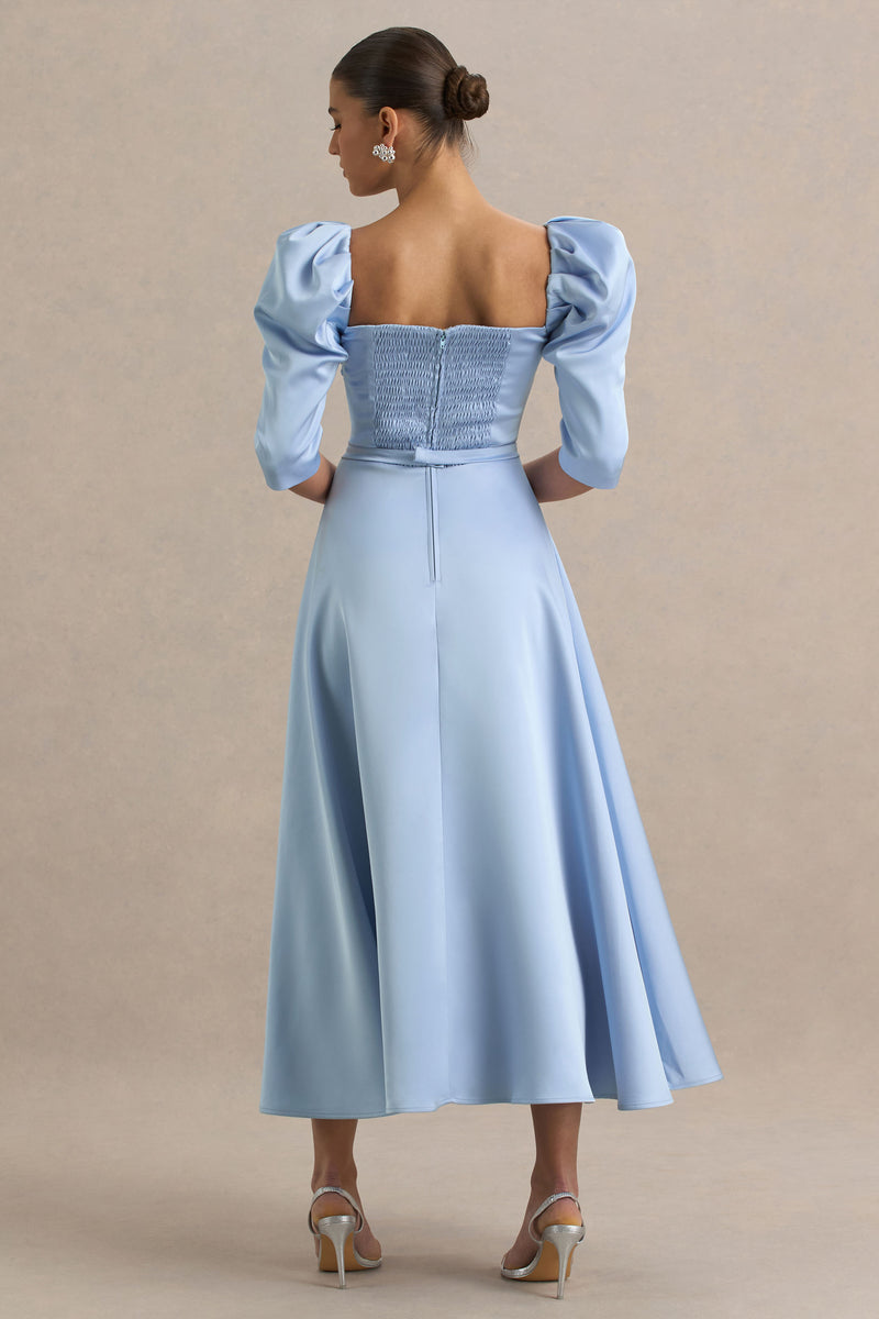 Peyton | Powder Blue Satin Sweetheart-Neck Midi Dress With Pleated Details